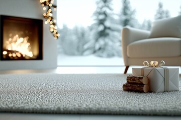 Poster - festive christmas fireplace scene, with logs crackling, soft armchairs around, snow gently falling o