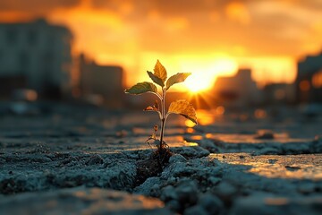 Wall Mural - A Small Plant Pushing Through a Crack in the Pavement at Sunset