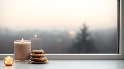 Poster - cozy holiday evening by the fire, hot chocolate with marshmallows and cookies nearby, ornaments and 
