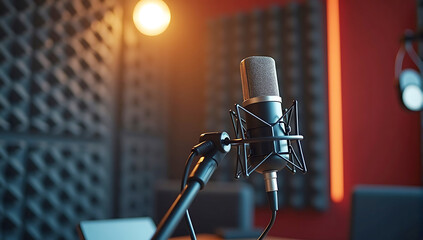 A modern podcast studio setup with a high-quality microphone, soundproof foam on the walls, and adjustable lighting, symbolizing a professional recording environment.