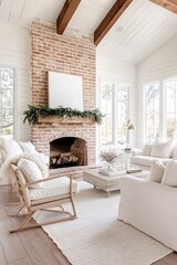 Poster - traditional christmas fireplace with garlands and bows, a classic red brick hearth, warm light filli