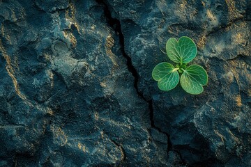 Wall Mural - A Single Green Plant Growing Through a Crack in a Dark, Rough Surface