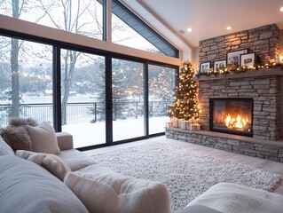 Poster - snowy night, christmas fireplace setting with a view outside the window, family photos and holiday c