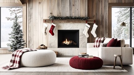 Poster - A cozy living room with a crackling fireplace, Christmas stockings hanging from the mantle, and a soft, plaid blanket on the couch, creating a warm holiday ambiance with copyspace on one side.