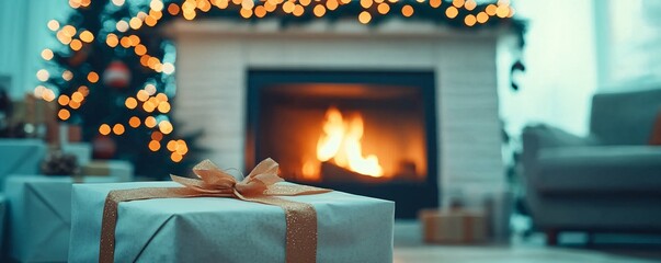 Poster - a cozy armchair in front of a glowing fireplace, christmas decorations on the mantle, creating a wel