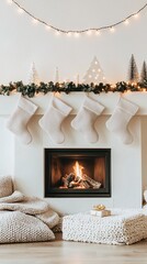 Poster - a cozy room with holiday stockings above a fireplace, christmas garlands, and soft lighting, creatin