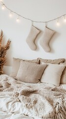 Poster - A cozy room with holiday stockings above a fireplace, Christmas garlands, and soft lighting, creating a peaceful winter scene with room for copyspace.
