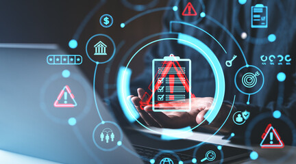 Poster - Digital icons for risk management and assessment, featuring checklist and warning symbols, on a dark business background, concept of strategy