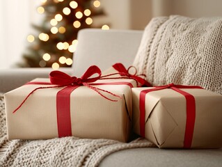 Poster - Christmas Eve by the fireplace, gifts wrapped and waiting under a twinkling tree, plush sofas and warm blankets, firelight casting gentle shadows, cozy and inviting