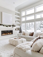 Poster - Modern holiday living room with a sleek fireplace, cozy winter night, stylish Christmas decor in soft neutral tones, big windows with snowy view, warmth and elegance