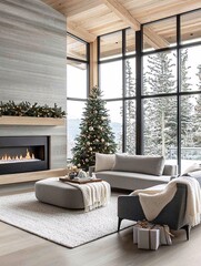 Poster - modern holiday living room with a sleek fireplace, cozy winter night, stylish christmas decor in sof