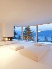 Poster - Modern holiday living room with a sleek fireplace, cozy winter night, stylish Christmas decor in soft neutral tones, big windows with snowy view, warmth and elegance