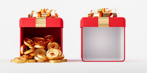 Wall Mural - Two red gift boxes with gold coins and ribbons on a white background. Concept of prosperity and celebration. 3D Rendering