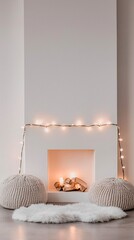 Poster - a cozy fireplace setting with a couple of plush pillows, a warm rug, and glowing christmas lights cr