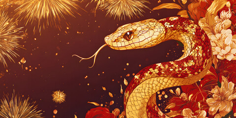  Gorgeous and luxurious Chinese Year of the Snake hand-painted artwork, illustration, wallpaper, commercial poster, poster, background, Chinese New Year, snake, year of the snake, 2025, zodiac，gold