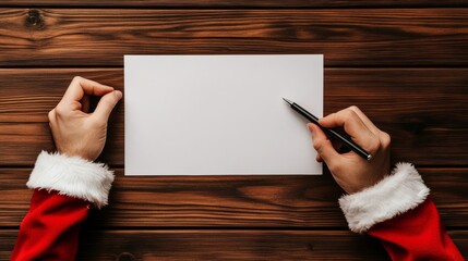 Poster - Person is writing on a piece of paper with a pen. The paper is blank, and the person is wearing a red santa suit. Concept of holiday cheer