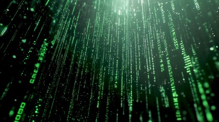 Fototapete - A digital rain of green code streams down a dark background. This abstract image symbolizes technology and data flow. Perfect for tech, programming, and digital art themes. AI