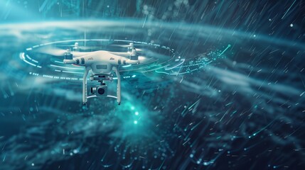 Poster - White drone flying over digital world map with futuristic interface and data lines, representing innovative technology and global connectivity