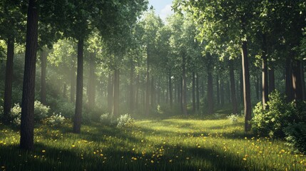 Poster - A forest with a field of grass in the foreground