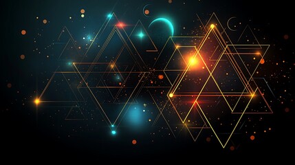 Wall Mural - abstract background with glowing geometric shapes and a dark blue, green, and orange color scheme.