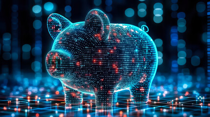 Poster - Blue Digital Piggy Bank with Binary Code Stream Representing AI in Financial Management