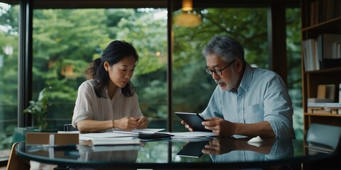 Wall Mural - Two business colleagues sitting at a table in an office, focused on a tablet