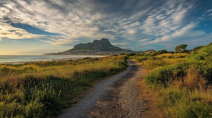 Poster - A path winds through a grassy field with a mountain in the background