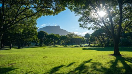 Poster - A park with a large mountain in the background and trees in the foreground