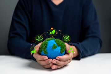 Earth held in hands with eco-icons, symbolizing environmental responsibility, sustainability, and green initiatives. Suitable for eco-conscious brands.