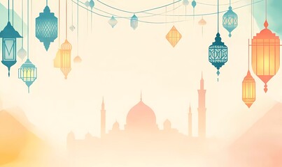 Poster - A flat vector illustration of colorful lanterns hanging on the right side, a mosque silhouette in the background