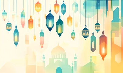 Poster - A flat vector illustration of colorful lanterns hanging on the right side, a mosque silhouette in the background