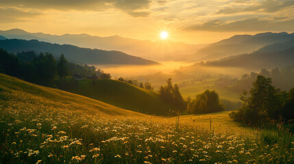 Wall Mural - golden sunset over rolling hills and wildflowers in a serene landscape during late spring in the cou