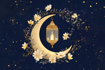 Poster - A vector illustration of a golden crescent moon with floral decoration and a lantern for the Ramadan Kareem celebration on a navy blue background