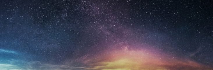 Poster - Amazing panoramic starry sky with stars and clouds. Lights of stars, space galaxy. Science background image. Starry wallpaper
