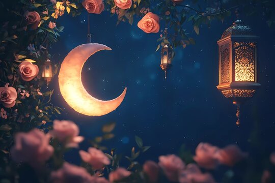 Elegant Ramadan Kareem greeting card with crescent moon, flowers, and lanterns isolated on a dark blue background.