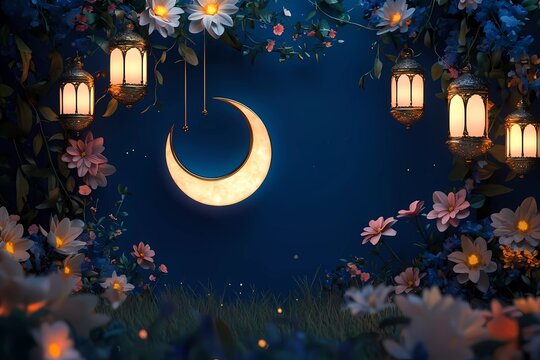 Elegant Ramadan Kareem greeting card with crescent moon, flowers, and lanterns isolated on a dark blue background.