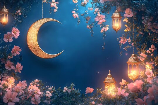 Elegant Ramadan Kareem greeting card with crescent moon, flowers, and lanterns isolated on a dark blue background.