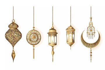 Poster - Set of golden Ramadan elements hanging on a white background, Arabic lanterns and a moon with an Islamic ornament pattern decoration for Eid Mubarak or the holy month of Ramadan