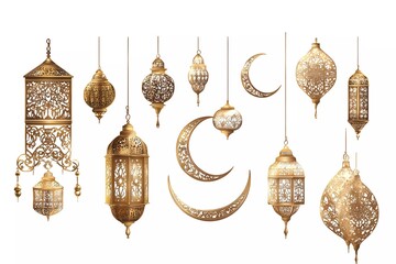Poster - Set of golden Ramadan elements hanging on a white background, Arabic lanterns and a moon with an Islamic ornament pattern decoration for Eid Mubarak or the holy month of Ramadan