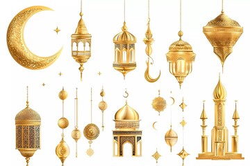 Poster - Set of hanging golden Islamic elements, including a crescent moon, mosque, and lantern, on a white background. Vector illustration. 