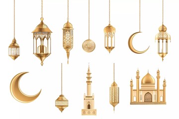 Poster - Set of hanging golden Islamic elements, including a crescent moon, mosque, and lantern, on a white background. Vector illustration. 