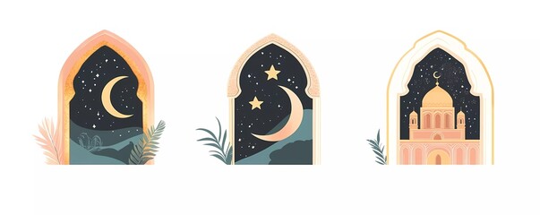 Fototapete - Set of vector illustrations, Islamic Ramadan Kareem decorative elements in flat design, mosque windows with crescent moon and traditional patterns