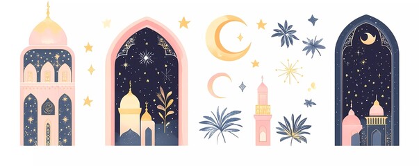 Fototapete - Set of vector illustrations, Islamic Ramadan Kareem decorative elements in flat design, mosque windows with crescent moon and traditional patterns