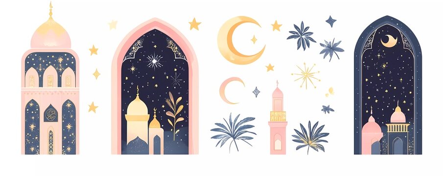 Set of vector illustrations, Islamic Ramadan Kareem decorative elements in flat design, mosque windows with crescent moon and traditional patterns