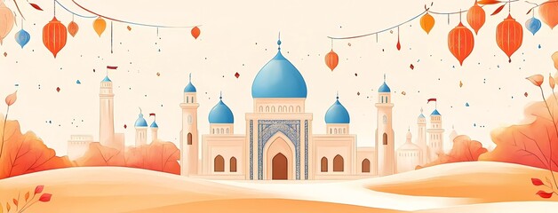 Poster - Vector flat illustration of Ramadan Kareem banner with mosque and lanterns, beige background with blue,