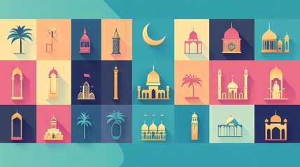 Fototapete - Vector flat illustration of Ramadan kareem, set of simple Islamic icons with arabic lanterns and crescent moon, palm trees, water bottles