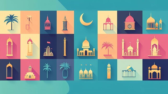 Vector flat illustration of Ramadan kareem, set of simple Islamic icons with arabic lanterns and crescent moon, palm trees, water bottles