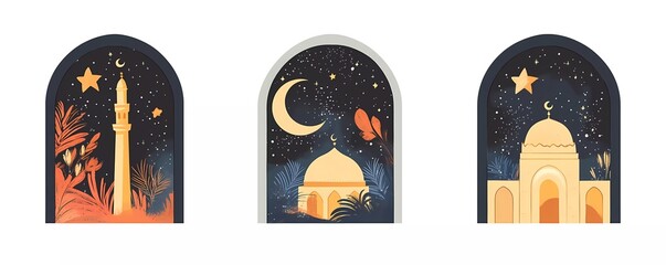 Fototapete - Vector flat illustration set of Ramadan Kareem, featuring a mosque window with a night sky and crescent moon in a boho style on a white background. 
