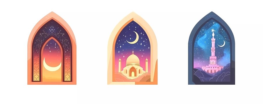 Vector flat illustration set of Ramadan Kareem, featuring a mosque window with a night sky and crescent moon in a boho style on a white background. 