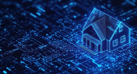Fototapete - Futuristic isometric house design with digital technology and glowing blue background